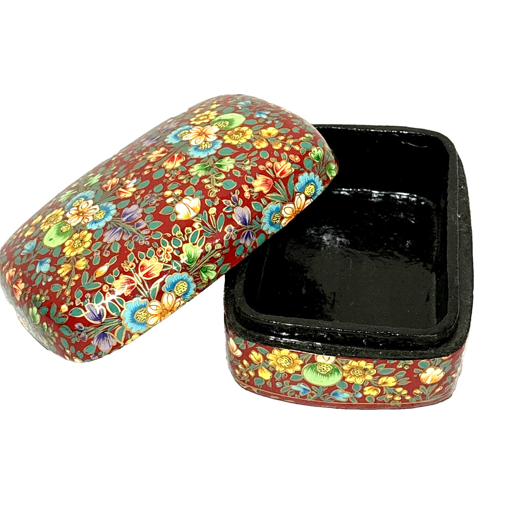 Lacquered Trinket Keepsake Jewelry Box Ethnic Crafts Multicolor Kashimiri Floral - Picture 7 of 10